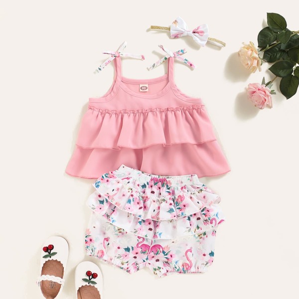 

Baby Girl Layered Ruffle Cami Top & Shorts & Headband, Multicolor