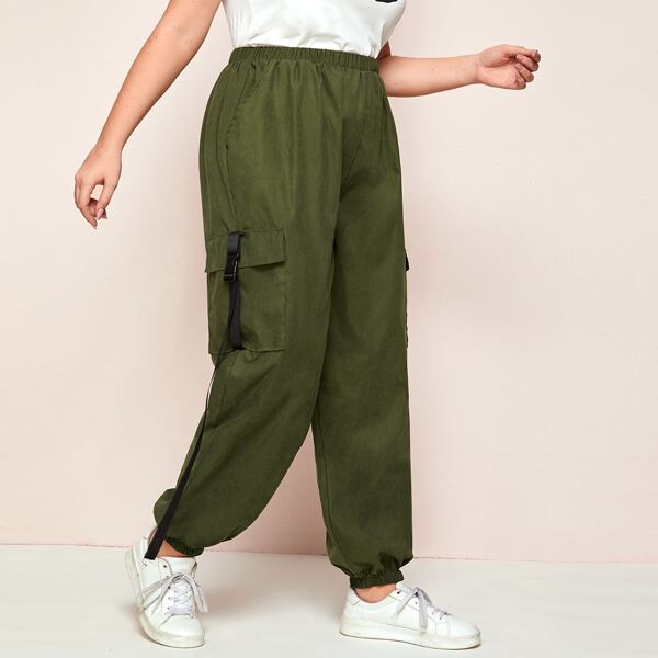 

Plus Buckle Straps Flap Pocket Cargo Pants, Army green