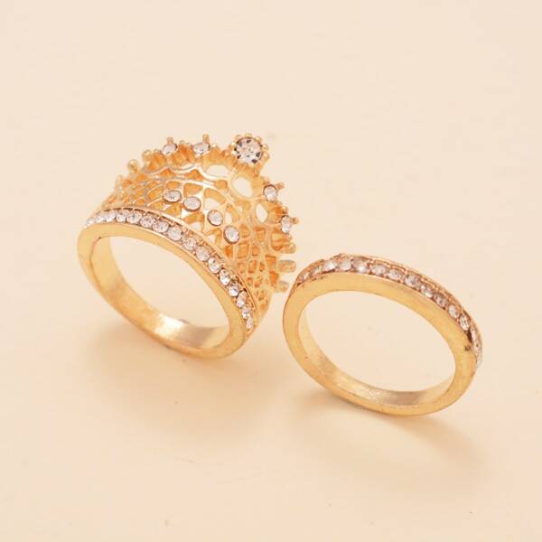 

2pcs Rhinestone Engraved Ring, Gold