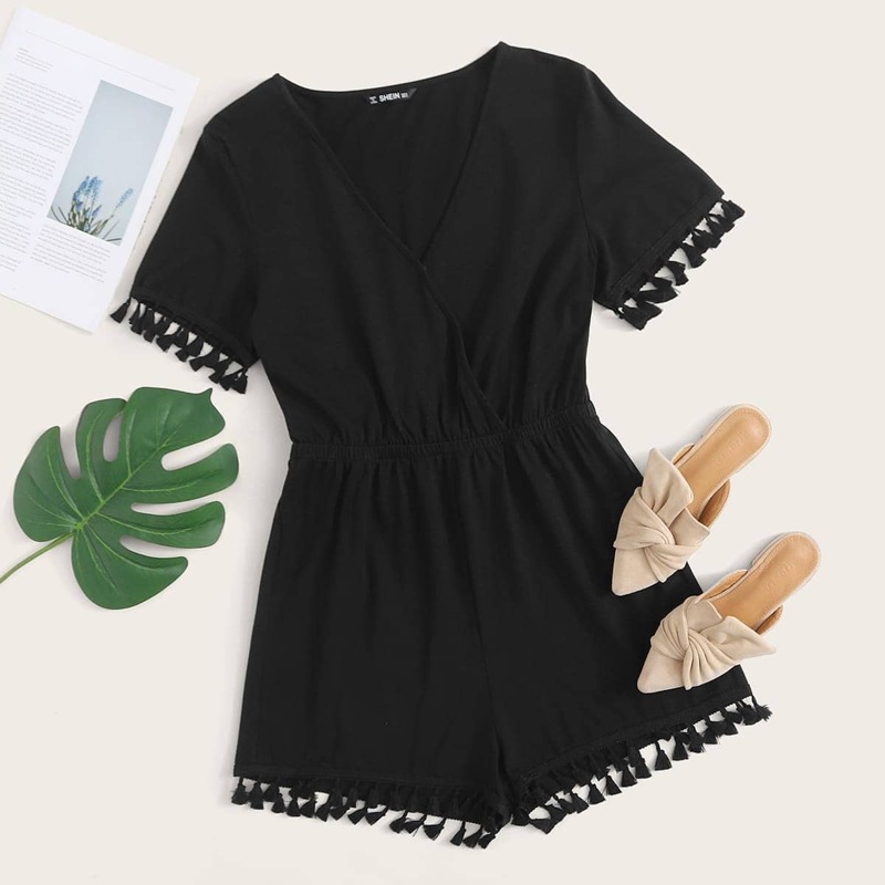 

Surplice Neck Tassel Trim Romper, Black
