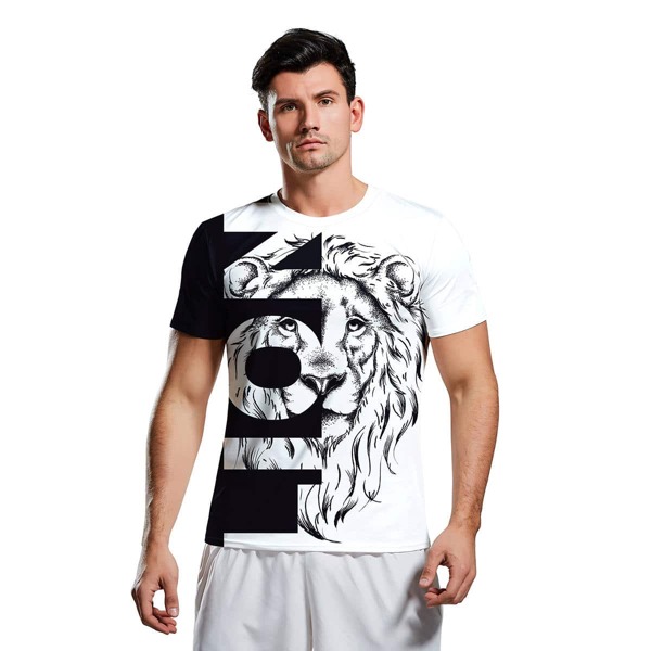 

Men 3D Lion Print Tee, Black and white
