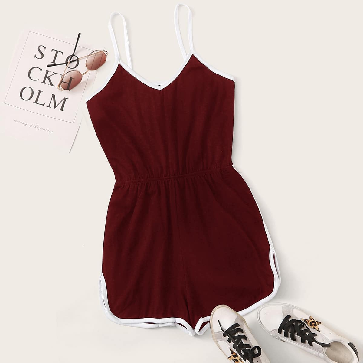 

Contrast Trim Cami Romper, Burgundy