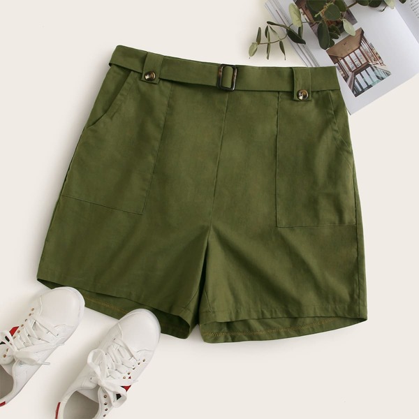

Plus Pocket Side Belted Shorts, Army green