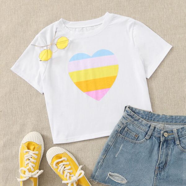 

Colorful Heart Print Tee, White