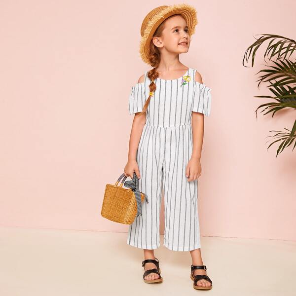 

Toddler Girls Cold Shoulder Embroidered Striped Jumpsuit, White