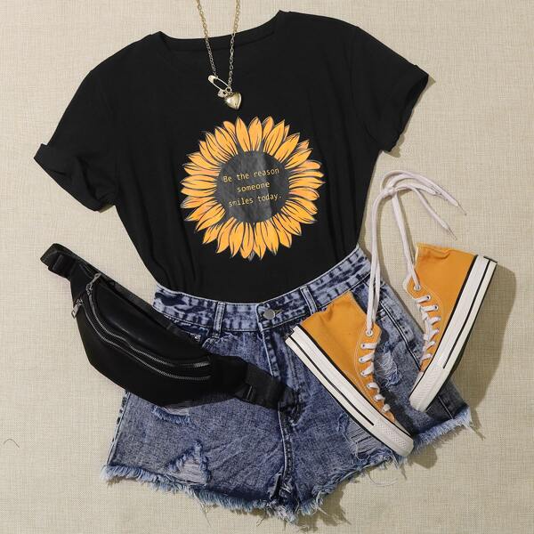 

Sunflower & Slogan Graphic Tee, Black