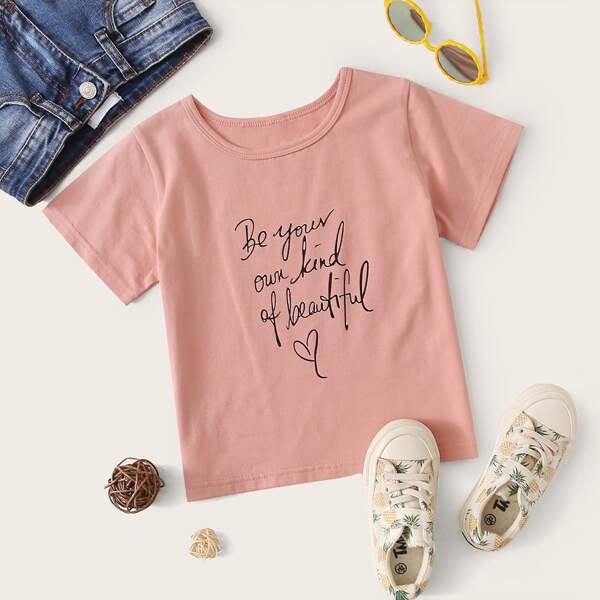 

Toddler Girls Heart And Slogan Graphic Round Neck Tee, Pink