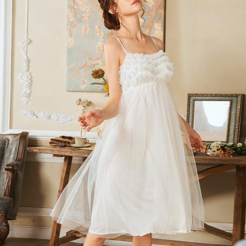 

Frill Tulle Slip Night Dress, White