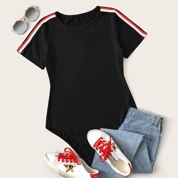 

Striped Tape Short Sleeve Tee Bodysuit, Black