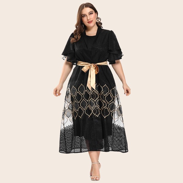 

Plus Flutter Sleeve Embroidered Mesh Coat With Dress, Black