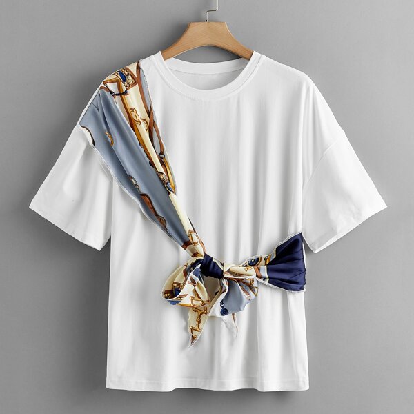 

Plus Contrast Scarf Tie Front Tee, White