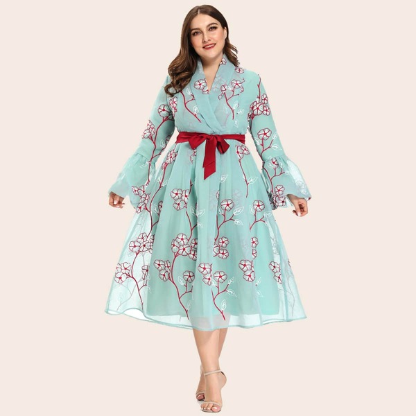

Plus Floral Embroidered Mesh Overlay Belted Dress, Blue pastel