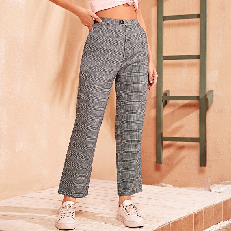 

Plaid Print Straight Leg Pants, Grey