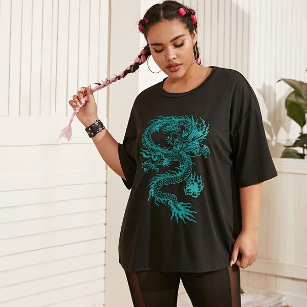 

Plus Dragon Print Oversized Tee, Black