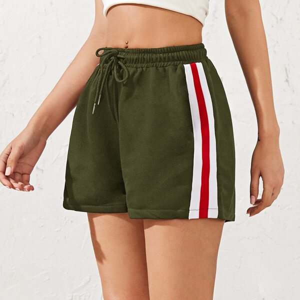 

Striped Drawstring Waist Track Shorts, Army green