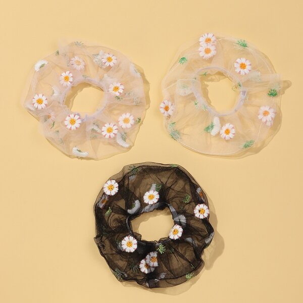 

3pcs Daisy Embroidery Mesh Scrunchie, Multicolor