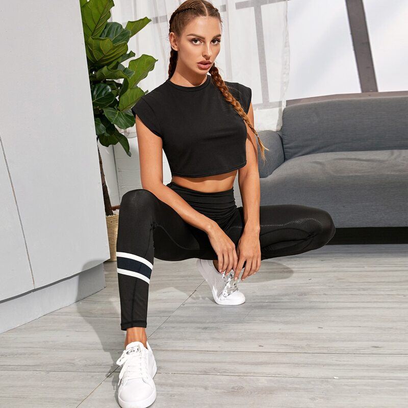 

Cap Sleeve Solid Crop Sports Tee, Black
