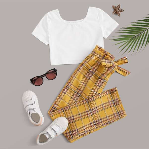 

Girls Crop Tee and Paperbag Waist Tartan Pants Set, Multicolor