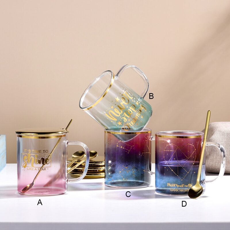 

1pc Ombre Glass Mug 1pc Spoon With 1pc Lid, Multicolor