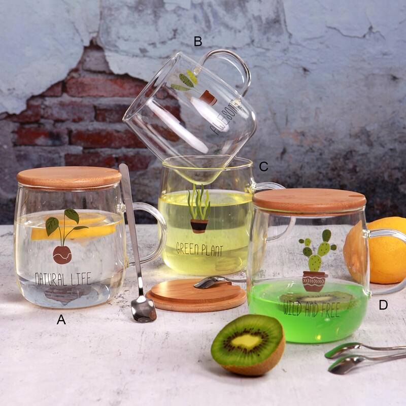 

1pc Slogan Graphic Glass Cup With Wooden Lid