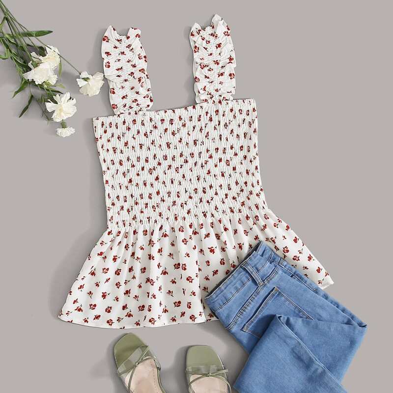 

Ditsy Floral Print Shirred Ruffle Hem Top, White