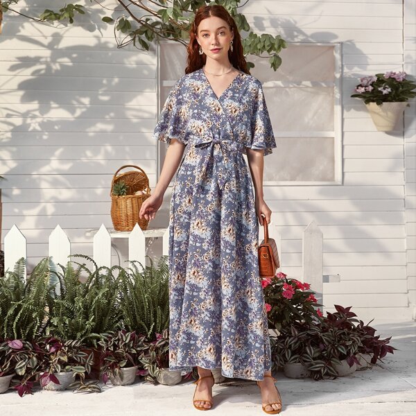 

Allover Floral Tie Front Peekaboo Back Dress, Blue