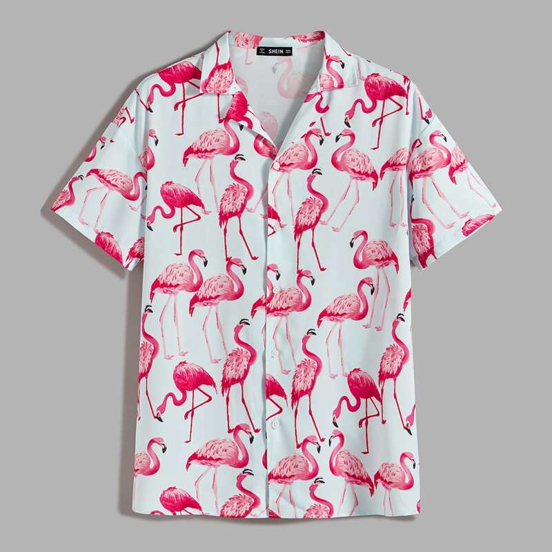 

Guys Notched Collar Flamingo Print Shirt, Multicolor