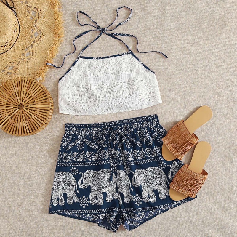 

Tie Backless Eyelet Halter Top & Tribal Shorts Set, Multicolor