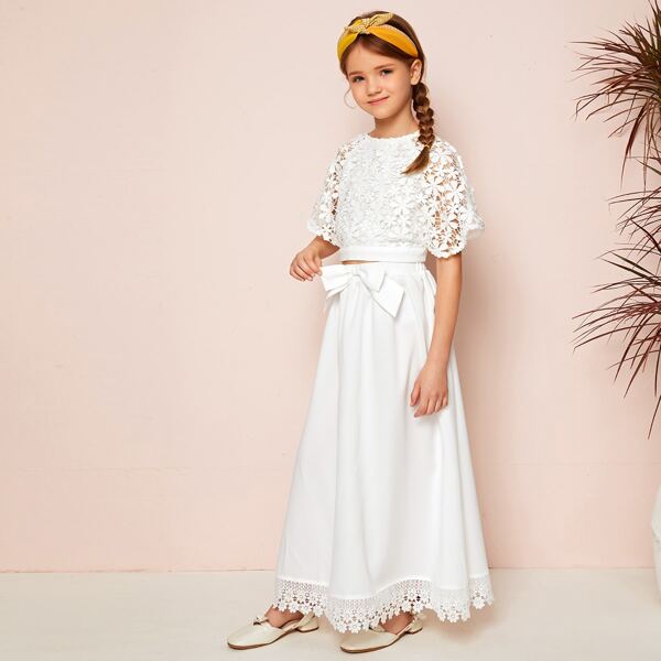 

Girls V-Back Guipure Lace Top & Big Bow Waist Skirt Set, White