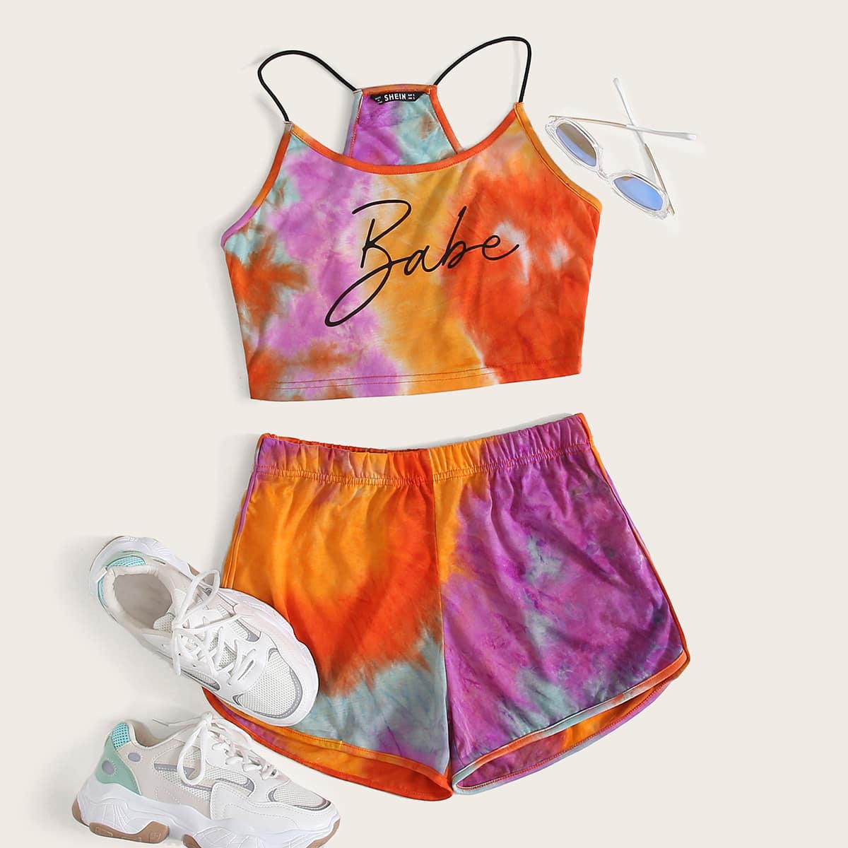 

Letter Graphic Tie Dye Cami Top & Shorts Set, Multicolor