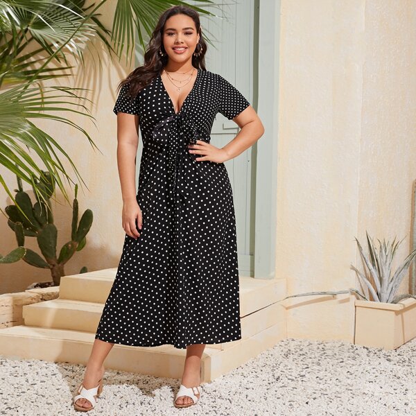 

Plus Polka Dot Tie Front A-line Dress, Black