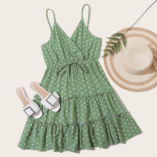 

Polka Dot Tie Front Cami Dress, Green