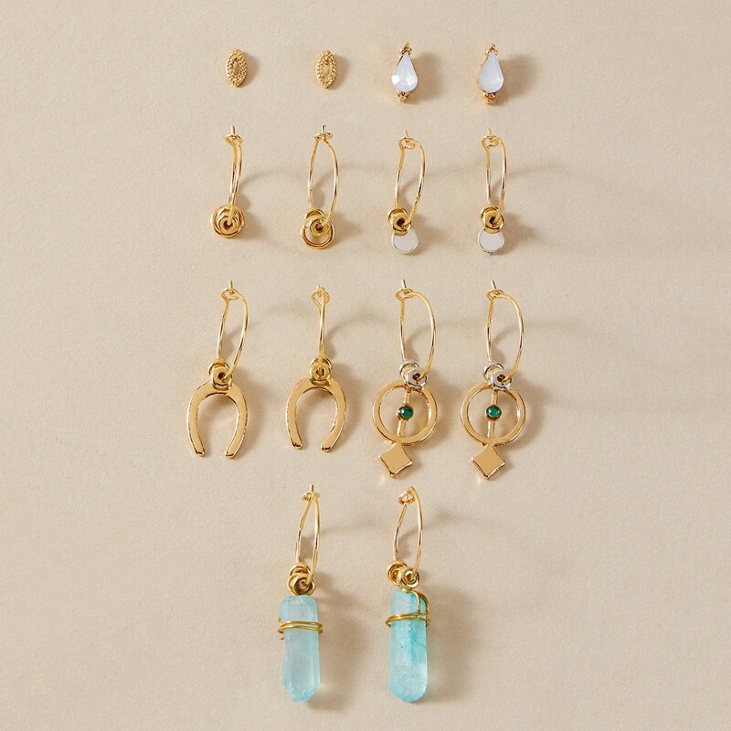 

7pairs Rhinestone Engraved Round Earrings, Gold