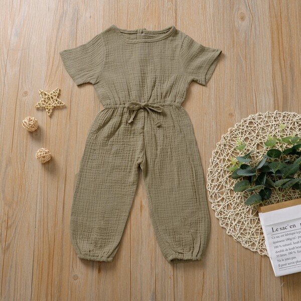 

Toddler Girls Knot Front Solid Textured Jumpsuit, Army green