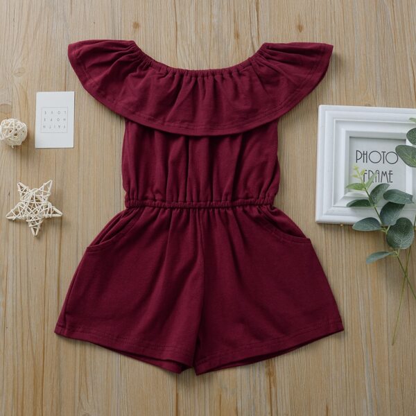 

Toddler Girls Ruffle Trim Slant Pocket Solid Romper, Burgundy