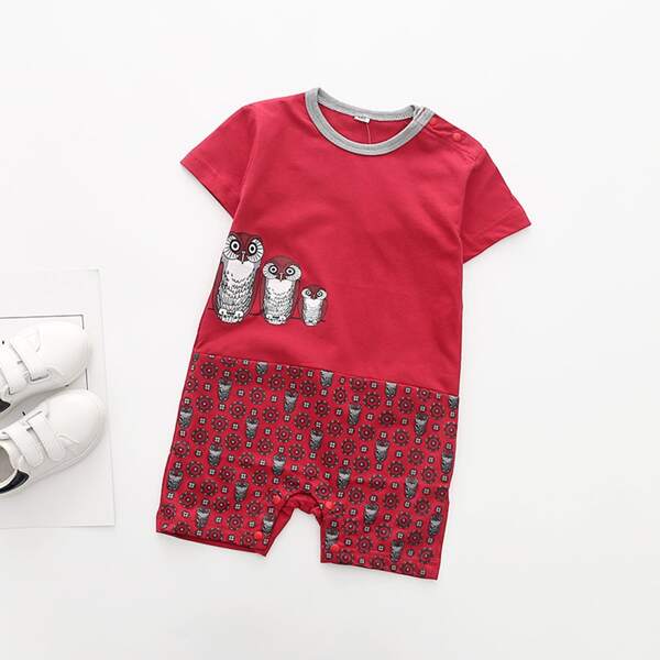 

Baby Boy Cartoon Owl Graphic Romper, Red