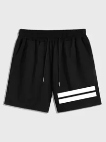 ROMWE MEN Guys Striped Black Shorts 7'' - Black - View 1
