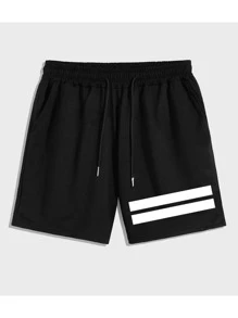 ROMWE MEN Guys Striped Black Shorts 7'' - Black - View 4