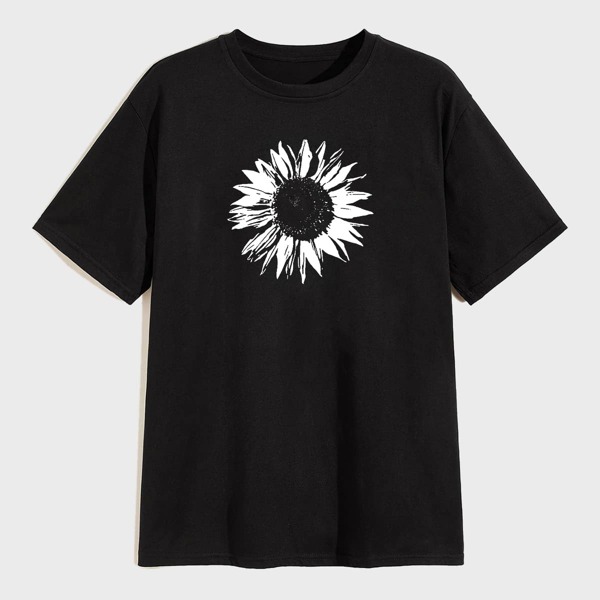 

Men Sunflower Print Short Sleeve Tee, Black