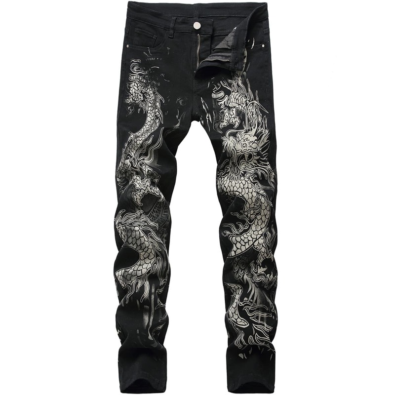 

Guys Dragon Print Zip Fly Skinny Jeans, Black