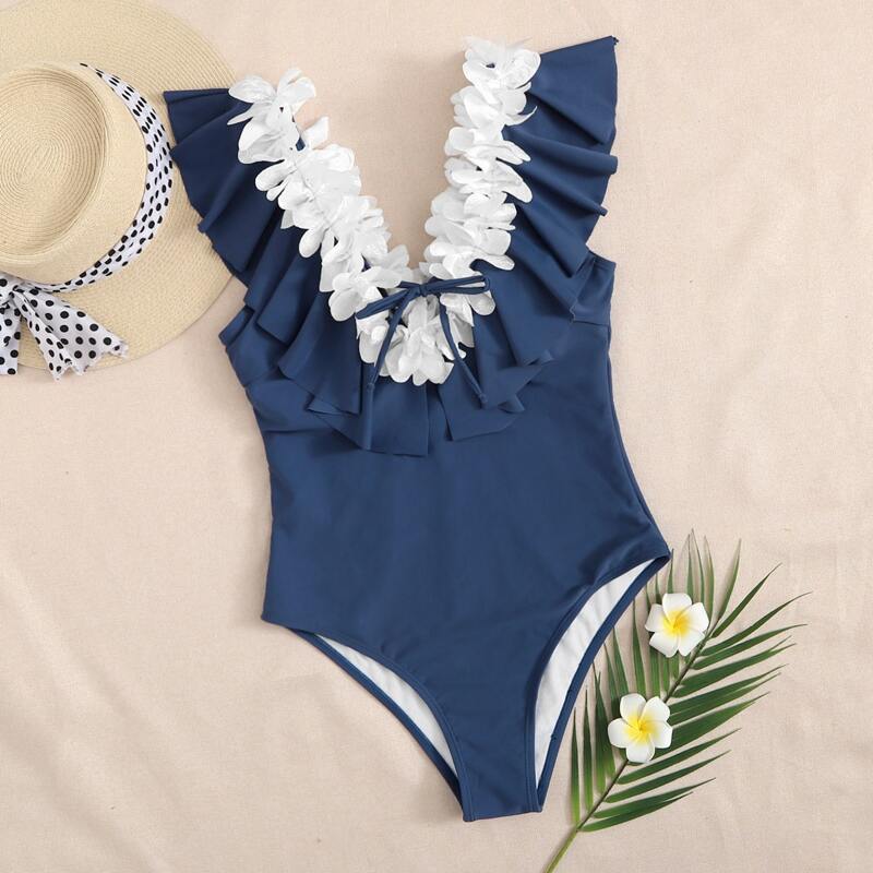 

Appliques Ruffle Trim One Piece Swimsuit, Navy