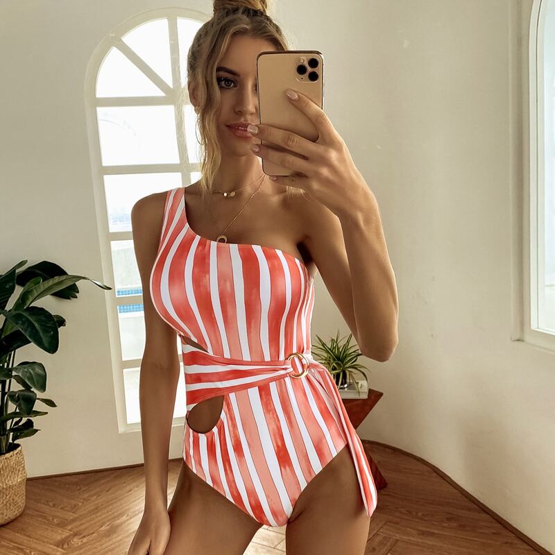 

Striped One Shoulder One Piece Swimsuit, Multicolor
