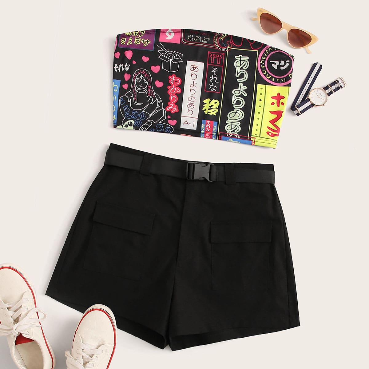 

Letter & Figure Graphic Bandeau & Shorts, Multicolor