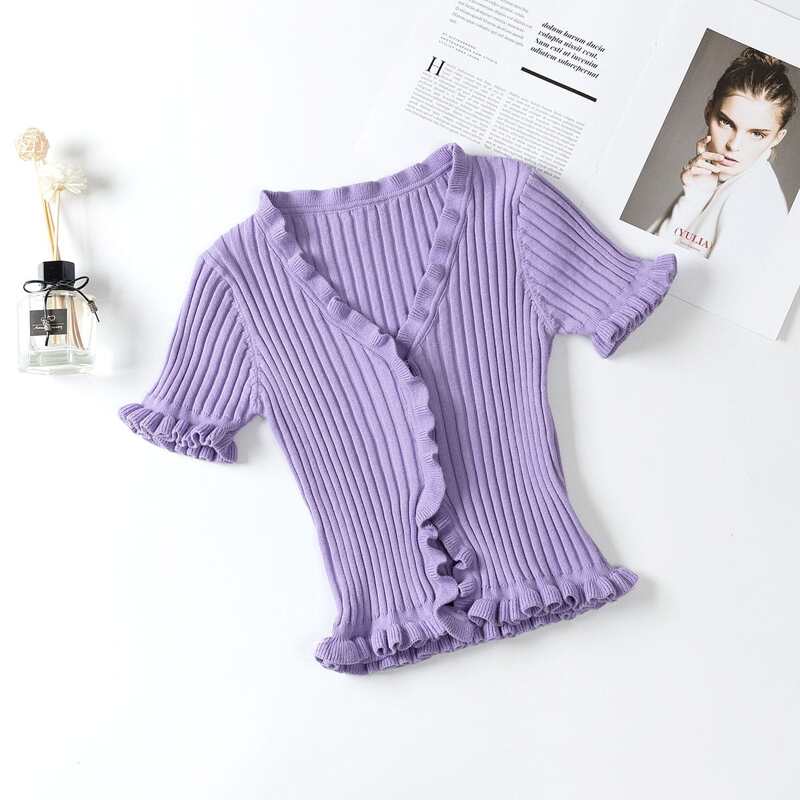 

Lettuce Frill Trim Slim Cardigan, Purple