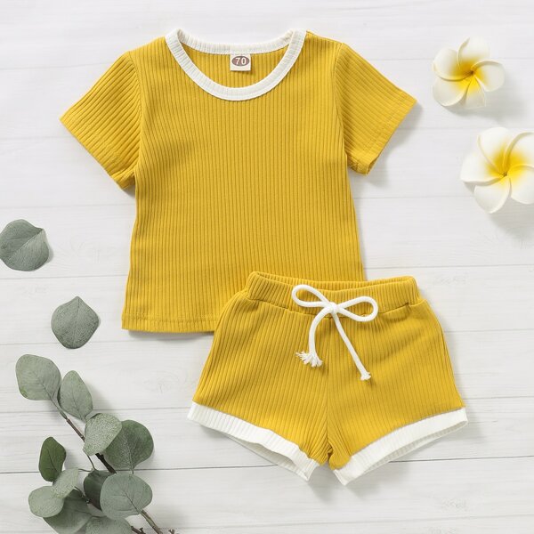 

Toddler Girls Contrast Binding Rib-knit Tee & Drawstring Shorts, Yellow