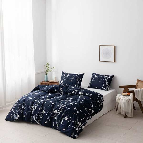 

Flower Print Bedding Set Without Filler, Navy