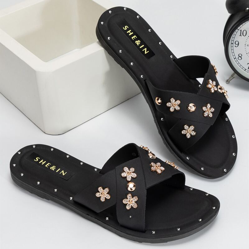

Floral Decor Cross Strap Sliders, Black