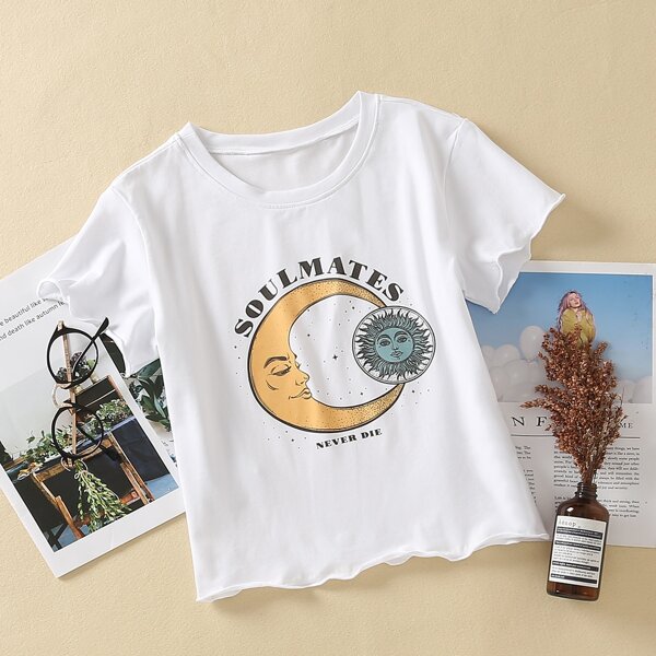 

Moon & Letter Graphic Lettuce Trim Tee, White