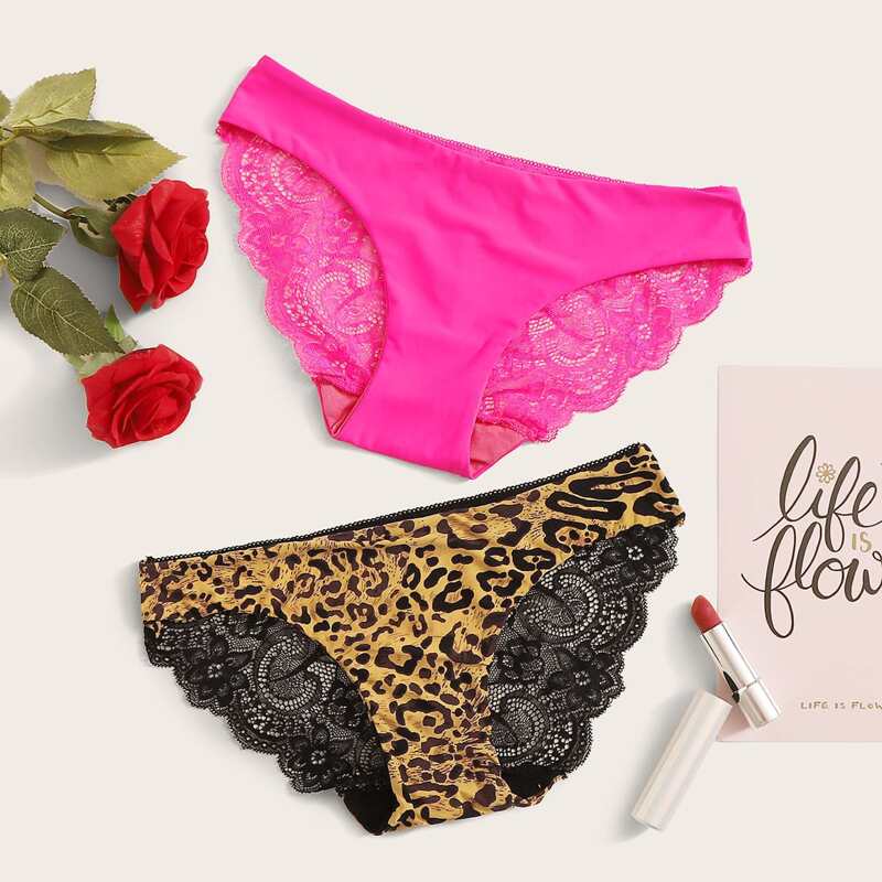 

2pack Neon Pink Leopard Pattern Panty Set, Multicolor