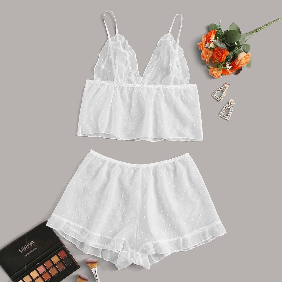 

Polka Dot Ruffle Lingerie Set, White